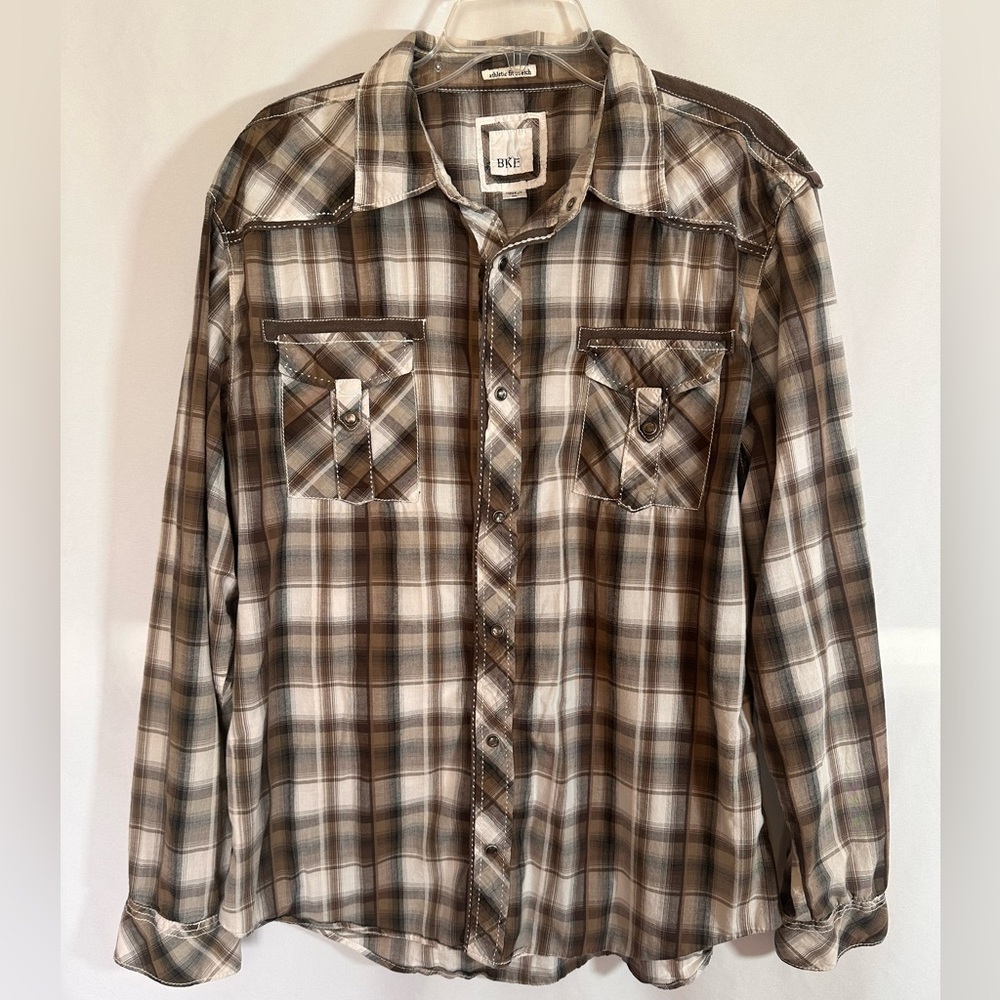 BKE Men's Plaid Pearl Snap Western Shirt Heavy Contrast Stitch Gray/Brown XL